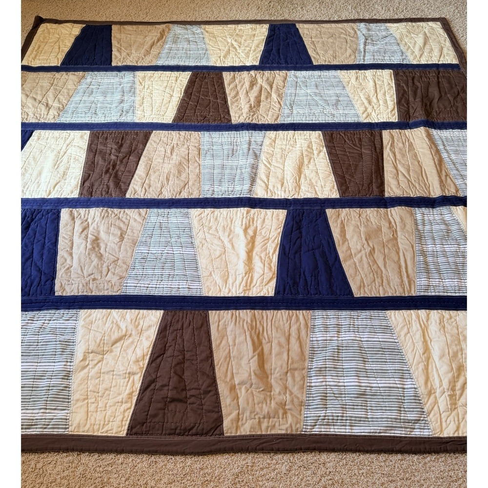 Pottery‎ Barn Kids Jackson Pieced  Quilt Full Sz Vintage 2008 Boy Blue Tan Brown